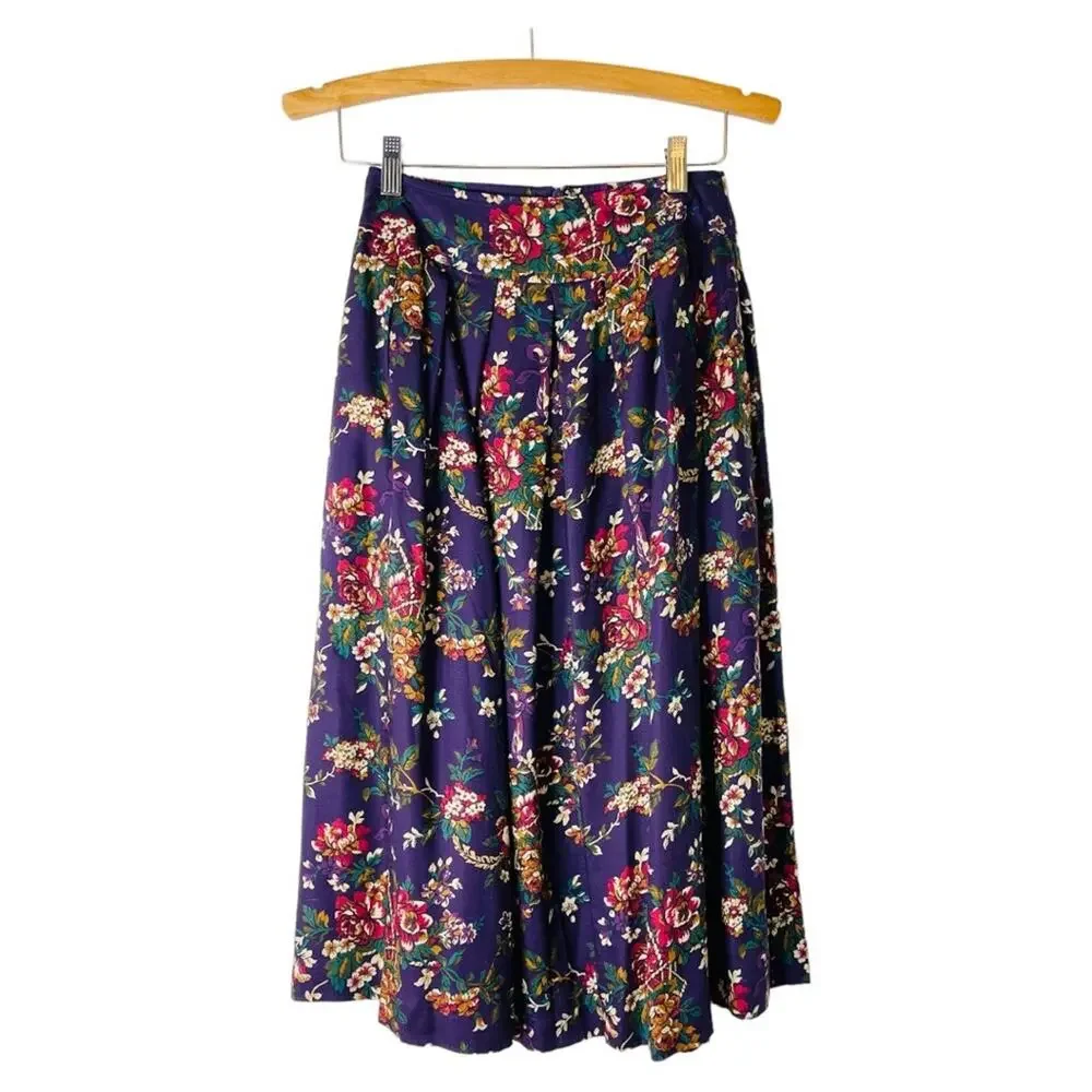 Vintage purple cream pink floral pleated cottagecore midi skirt  2P